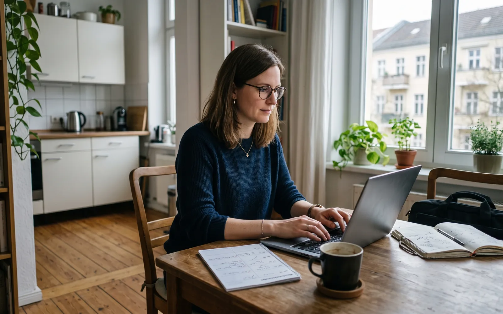 Berufst&auml;tige Person arbeitet zuhause und markiert Arbeitstage im Kalender