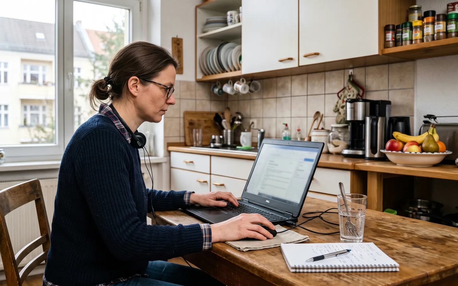 Arbeitnehmer arbeitet an einem normalen K&uuml;chentisch