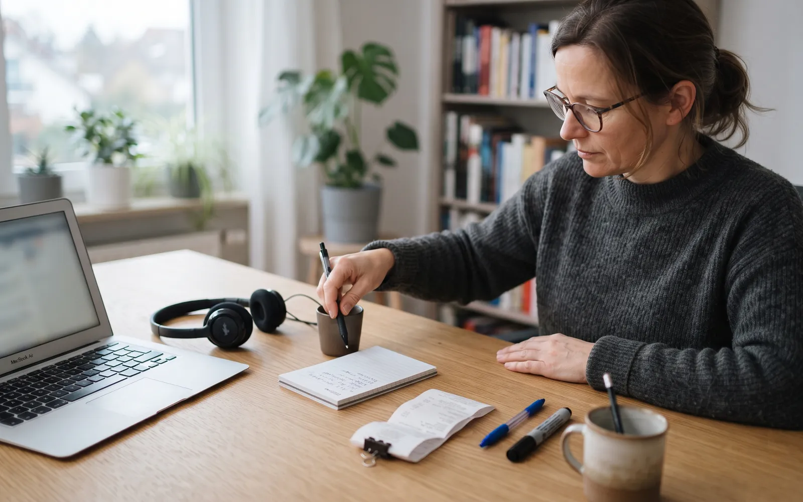 Berufst&auml;tiger sortiert Arbeitsmittel und berufliche Ausgaben